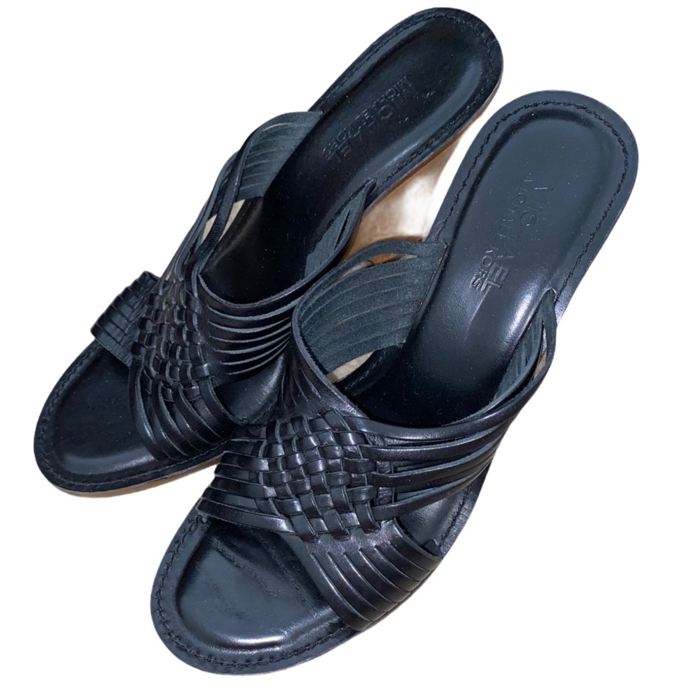 MICHAEL KORS Black Leather Woven Slide Wood Wedge Size 9